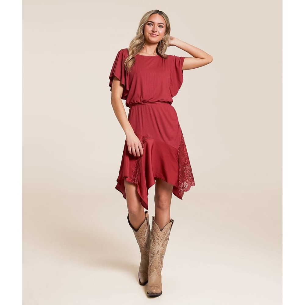 Willow + Root Earth Red Flutter Sleeve Lace Trim Dress XL 3WIWT9061U Handkerchf